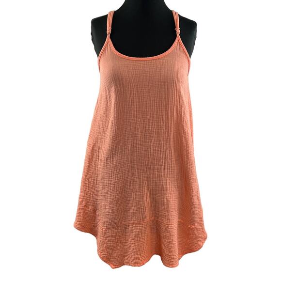 BOBI Coral Orange Scoop Neck Sleeveless Gauze Cotton Seersucker Mini Dresss S - Picture 1 of 10